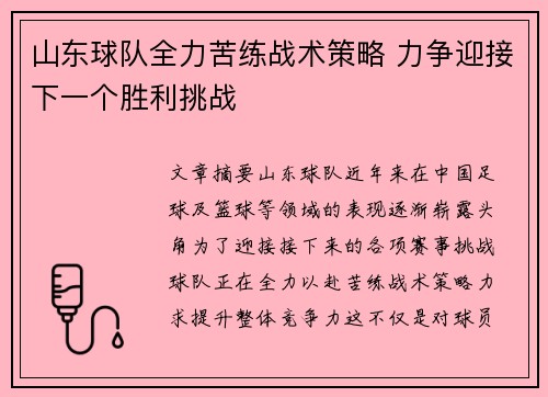 山东球队全力苦练战术策略 力争迎接下一个胜利挑战