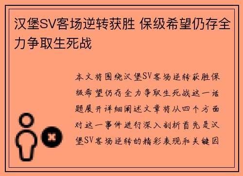 汉堡SV客场逆转获胜 保级希望仍存全力争取生死战