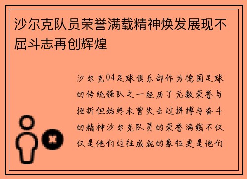 沙尔克队员荣誉满载精神焕发展现不屈斗志再创辉煌