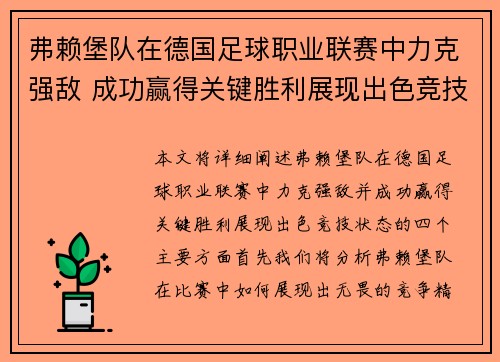 弗赖堡队在德国足球职业联赛中力克强敌 成功赢得关键胜利展现出色竞技状态