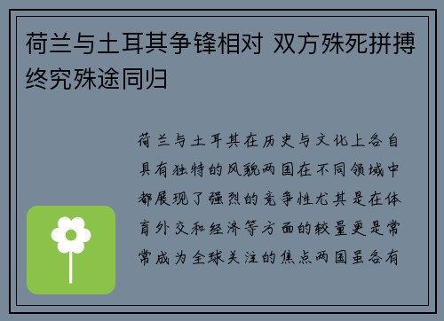 荷兰与土耳其争锋相对 双方殊死拼搏终究殊途同归
