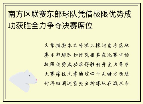 南方区联赛东部球队凭借极限优势成功获胜全力争夺决赛席位