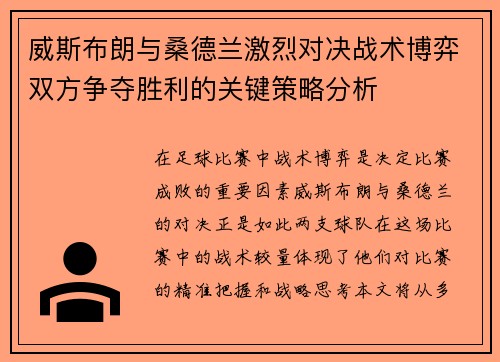 威斯布朗与桑德兰激烈对决战术博弈双方争夺胜利的关键策略分析