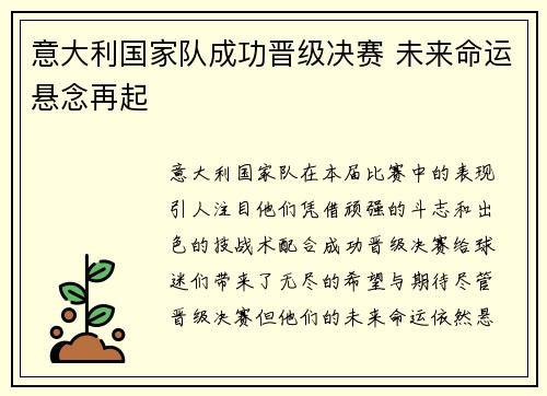 意大利国家队成功晋级决赛 未来命运悬念再起