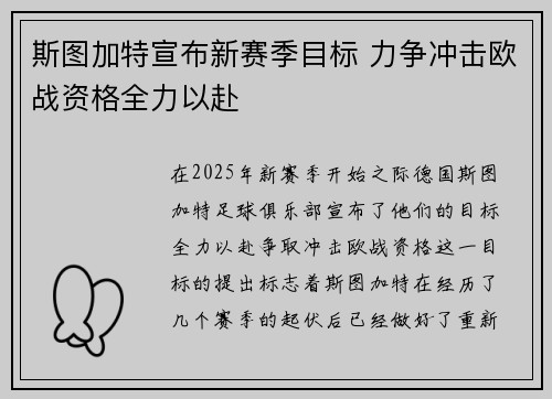 斯图加特宣布新赛季目标 力争冲击欧战资格全力以赴