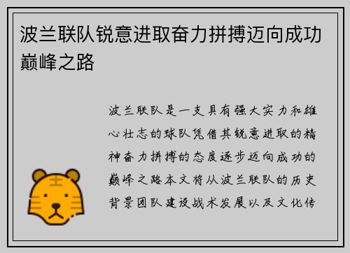 波兰联队锐意进取奋力拼搏迈向成功巅峰之路