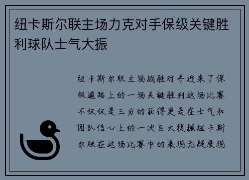 纽卡斯尔联主场力克对手保级关键胜利球队士气大振