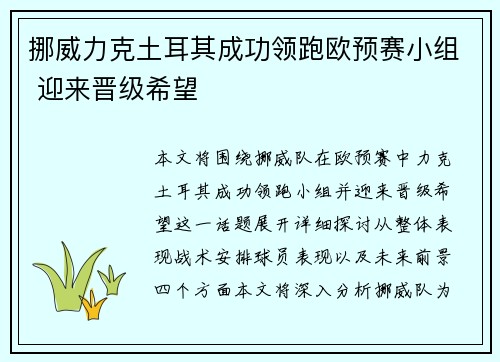 挪威力克土耳其成功领跑欧预赛小组 迎来晋级希望