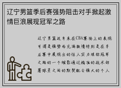 辽宁男篮季后赛强势阻击对手掀起激情巨浪展现冠军之路