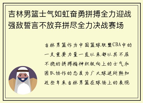 吉林男篮士气如虹奋勇拼搏全力迎战强敌誓言不放弃拼尽全力决战赛场