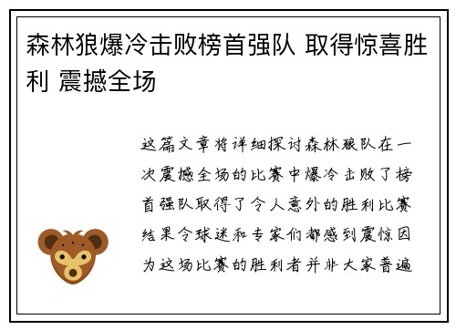 森林狼爆冷击败榜首强队 取得惊喜胜利 震撼全场