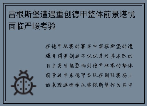 雷根斯堡遭遇重创德甲整体前景堪忧面临严峻考验