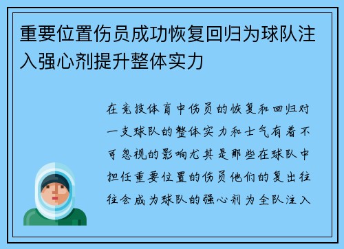 重要位置伤员成功恢复回归为球队注入强心剂提升整体实力